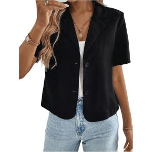 imageOYOANGLE Womens Button Down Short Sleeve Suit Blazers Lapel Neck Casual Work Office JacketsBlack