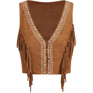 imageOYOANGLE Womens Button Front Fringe Cowgirl Vest Embroidered V Neck Sleeveless Crop Jackets Brown Small