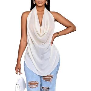 imageOYOANGLE Womens Cowl Neck Halter Top Tie Backless Shirts Y2k Going Out Clubwear See Through TopsApricot
