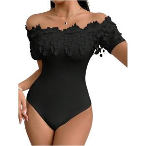imageOYOANGLE Womens Elegant Floral Appliques Off Shoulder Short Sleeve Bodysuit Leotard TopsBlack