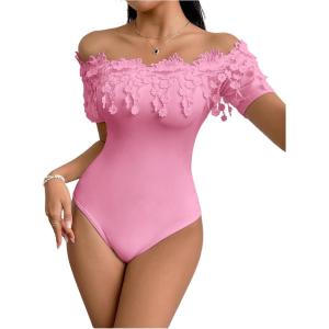 imageOYOANGLE Womens Elegant Floral Appliques Off Shoulder Short Sleeve Bodysuit Leotard TopsPink