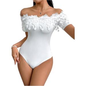 imageOYOANGLE Womens Elegant Floral Appliques Off Shoulder Short Sleeve Bodysuit Leotard TopsWhite