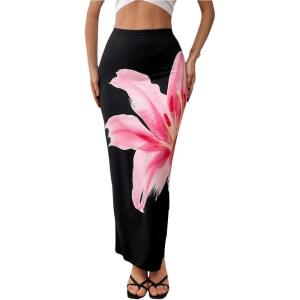imageOYOANGLE Womens Floral Print Pencil Skirt Elastic High Waist Vacation Bodycon Maxi SkirtsBlack and Pink