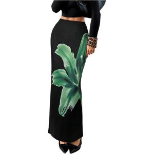 imageOYOANGLE Womens Floral Print Pencil Skirt Elastic High Waist Vacation Bodycon Maxi SkirtsGreen