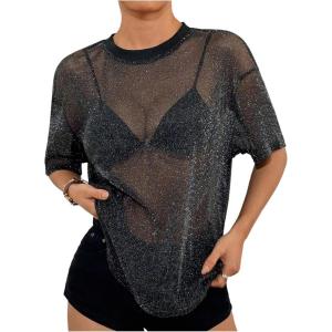 imageOYOANGLE Womens Glitter Sheer See Through Top Short Sleeve Loose Casual Shiny Tshirt Mesh ShirtBlack