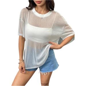 imageOYOANGLE Womens Glitter Sheer See Through Top Short Sleeve Loose Casual Shiny Tshirt Mesh ShirtWhite