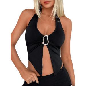 imageOYOANGLE Womens Halter Deep V Neck Slit Tank Top Sleeveless Crop Tops Festival Rave OutfitBlack