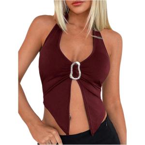 imageOYOANGLE Womens Halter Deep V Neck Slit Tank Top Sleeveless Crop Tops Festival Rave OutfitBurgundy