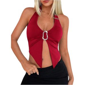 imageOYOANGLE Womens Halter Deep V Neck Slit Tank Top Sleeveless Crop Tops Festival Rave OutfitRed