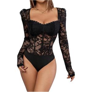 imageOYOANGLE Womens Lace Sheer Long Sleeve Corset Bodysuit Sweetheart Neck Party Club LeotardBlack