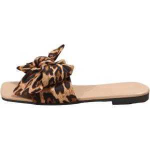 imageOYOANGLE Womens Leopard Print Bow Decor Slide Sandals Flat Sandals Vacation Colorblock Open Toe Slip on Slide SandalBrown