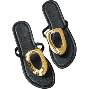 imageOYOANGLE Womens Metal Decor Flip Flop Thong Sandals Comfortable Slip on Flat SandalsBlack