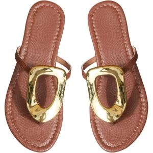 imageOYOANGLE Womens Metal Decor Flip Flop Thong Sandals Comfortable Slip on Flat SandalsBrown