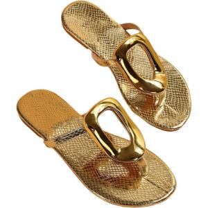 imageOYOANGLE Womens Metal Decor Flip Flop Thong Sandals Comfortable Slip on Flat SandalsGold