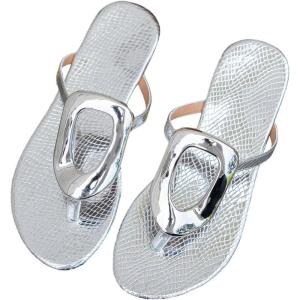 imageOYOANGLE Womens Metal Decor Flip Flop Thong Sandals Comfortable Slip on Flat SandalsSilver
