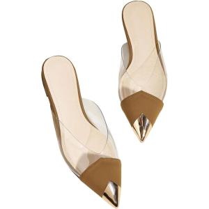 imageOYOANGLE Womens Metallic Transparent PVC Pointed Toe Flat Shoes Slip On Casual Outdoor Flat MulesKhaki