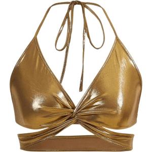 imageOYOANGLE Womens Metallic Twist Front Halter Tops Deep V Neck Backless Wrap Crop Cami TopGold