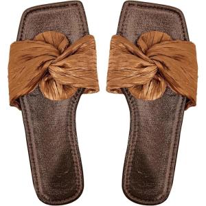imageOYOANGLE Womens Metallic Twist Front Open Toe Flat Sandals Fashion Slide SandalsBrown