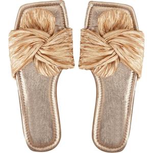 imageOYOANGLE Womens Metallic Twist Front Open Toe Flat Sandals Fashion Slide SandalsGold
