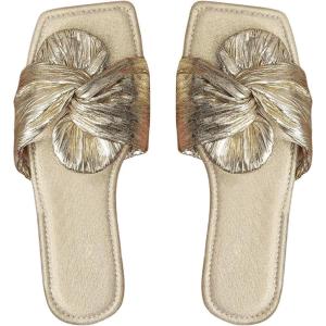 imageOYOANGLE Womens Metallic Twist Front Open Toe Flat Sandals Fashion Slide SandalsGold Solid