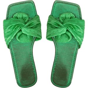 imageOYOANGLE Womens Metallic Twist Front Open Toe Flat Sandals Fashion Slide SandalsGreen