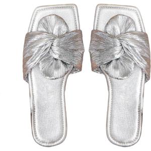 imageOYOANGLE Womens Metallic Twist Front Open Toe Flat Sandals Fashion Slide SandalsSilver