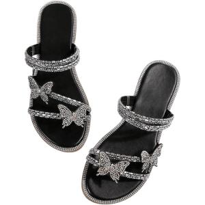 imageOYOANGLE Womens PU Leather Rhinestone Sandals Butterfly Strappy Flat Open Toe Elegant Slides SandalsBlack