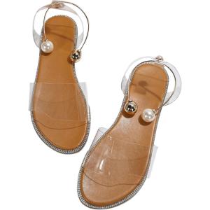 imageOYOANGLE Womens Pearl Decor Clear Straps Open Toe Flat Sandals Leather Outdoor Beach SandalsApricot