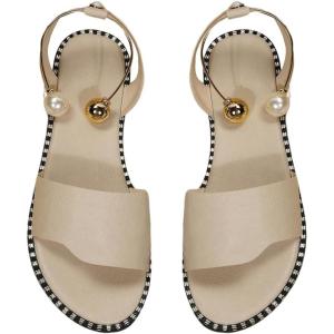 imageOYOANGLE Womens Pearl Decor Clear Straps Open Toe Flat Sandals Leather Outdoor Beach SandalsBeige