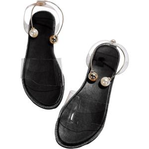 imageOYOANGLE Womens Pearl Decor Clear Straps Open Toe Flat Sandals Leather Outdoor Beach SandalsBlack