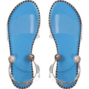 imageOYOANGLE Womens Pearl Decor Clear Straps Open Toe Flat Sandals Leather Outdoor Beach SandalsBlue