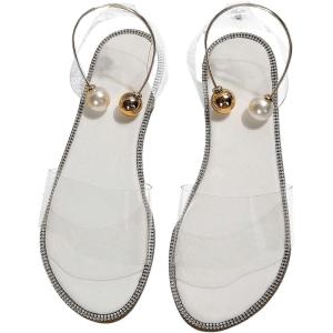 imageOYOANGLE Womens Pearl Decor Clear Straps Open Toe Flat Sandals Leather Outdoor Beach SandalsBright White
