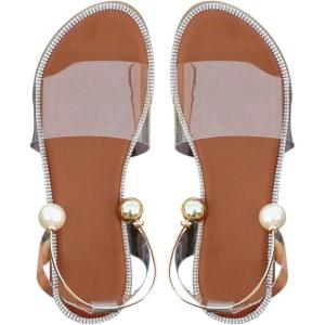 imageOYOANGLE Womens Pearl Decor Clear Straps Open Toe Flat Sandals Leather Outdoor Beach SandalsBrown