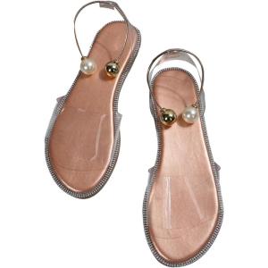 imageOYOANGLE Womens Pearl Decor Clear Straps Open Toe Flat Sandals Leather Outdoor Beach SandalsChampagne