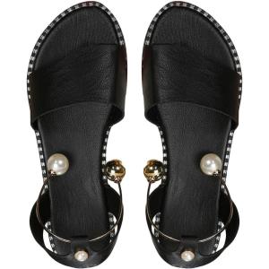 imageOYOANGLE Womens Pearl Decor Clear Straps Open Toe Flat Sandals Leather Outdoor Beach SandalsDeep Black