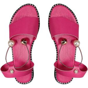 imageOYOANGLE Womens Pearl Decor Clear Straps Open Toe Flat Sandals Leather Outdoor Beach SandalsHot Pink