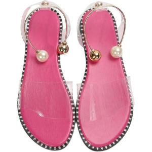 imageOYOANGLE Womens Pearl Decor Clear Straps Open Toe Flat Sandals Leather Outdoor Beach SandalsHot Pink Clear
