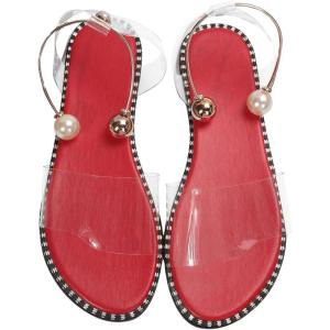 imageOYOANGLE Womens Pearl Decor Clear Straps Open Toe Flat Sandals Leather Outdoor Beach SandalsLight Red
