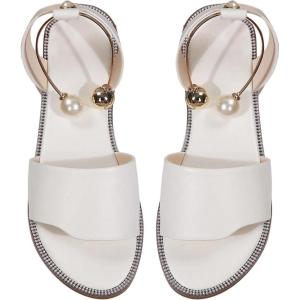 imageOYOANGLE Womens Pearl Decor Clear Straps Open Toe Flat Sandals Leather Outdoor Beach SandalsLight White