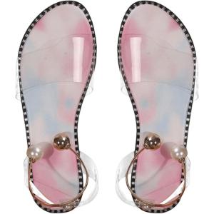 imageOYOANGLE Womens Pearl Decor Clear Straps Open Toe Flat Sandals Leather Outdoor Beach SandalsPink and Blue