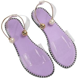 imageOYOANGLE Womens Pearl Decor Clear Straps Open Toe Flat Sandals Leather Outdoor Beach SandalsPurple