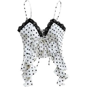 imageOYOANGLE Womens Polka Dots Contrast Lace V Neck Sleeveless Cami Tops Ruffle Trim Tie Front Crop CamisolesBlack and White