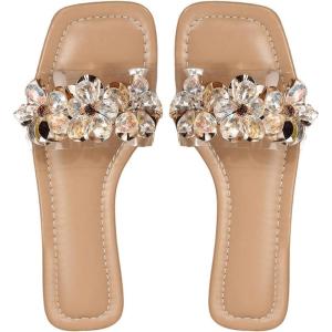 imageOYOANGLE Womens Rhinestone Flower Decor Clear Strap Sandals Square Toe Flat SandalsApricot