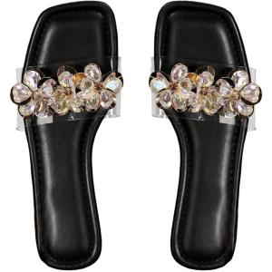 imageOYOANGLE Womens Rhinestone Flower Decor Clear Strap Sandals Square Toe Flat SandalsBlack