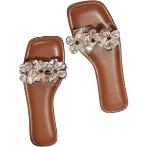imageOYOANGLE Womens Rhinestone Flower Decor Clear Strap Sandals Square Toe Flat SandalsBrown