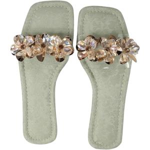 imageOYOANGLE Womens Rhinestone Flower Decor Clear Strap Sandals Square Toe Flat SandalsGreen