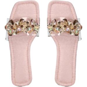 imageOYOANGLE Womens Rhinestone Flower Decor Clear Strap Sandals Square Toe Flat SandalsPink