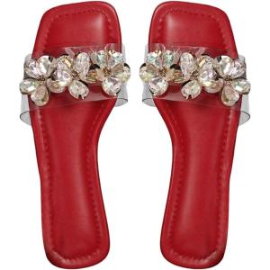 imageOYOANGLE Womens Rhinestone Flower Decor Clear Strap Sandals Square Toe Flat SandalsRed
