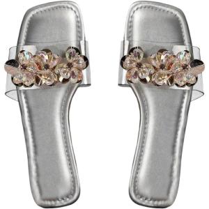 imageOYOANGLE Womens Rhinestone Flower Decor Clear Strap Sandals Square Toe Flat SandalsSilver