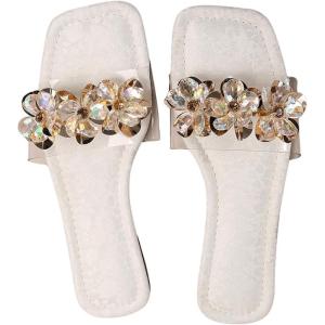 imageOYOANGLE Womens Rhinestone Flower Decor Clear Strap Sandals Square Toe Flat SandalsWhite